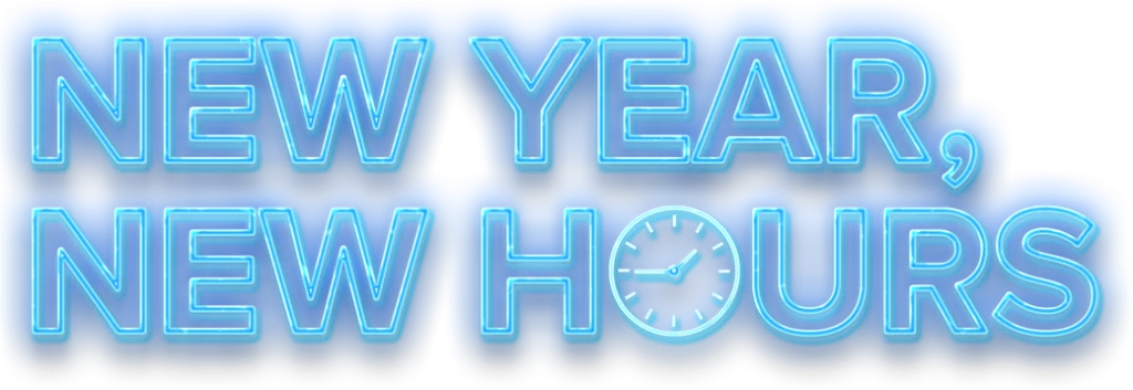 New Year, New Hours neon lights lettering